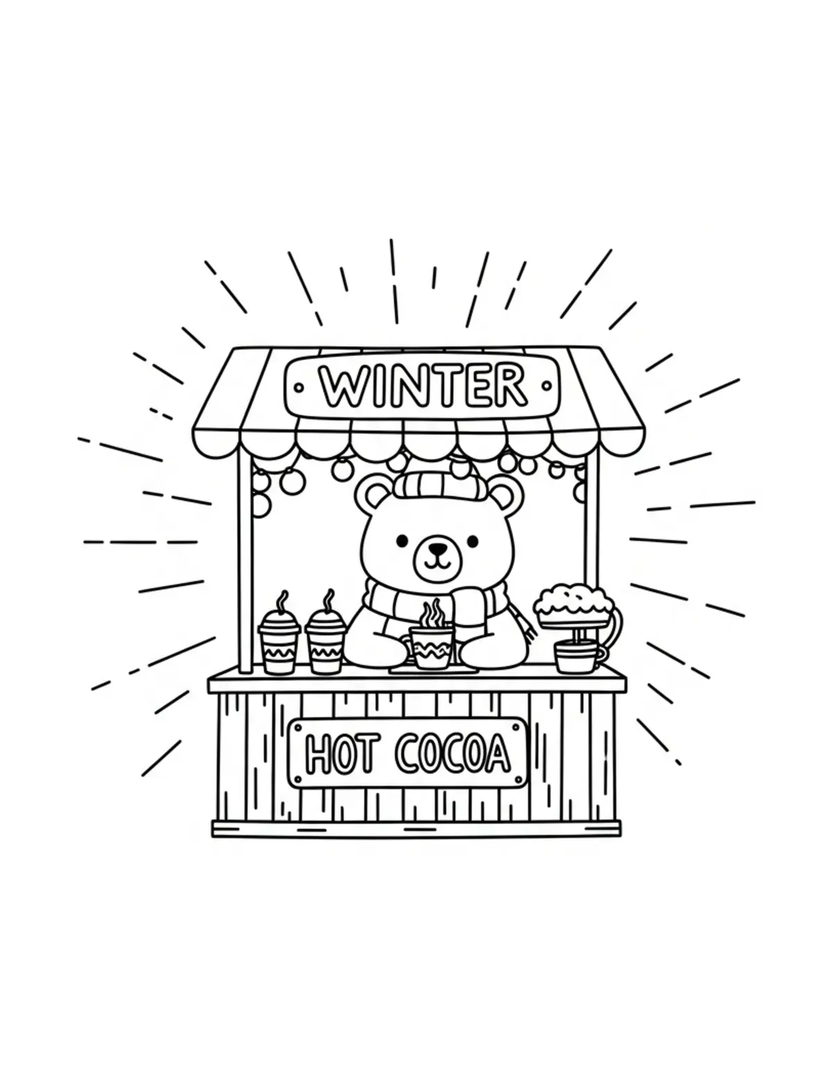 Free printable coloring page: tiny-bear-hosting-a-winter-hot-副本 coloring page. Cute and cozy design for kids and adults to download and print.