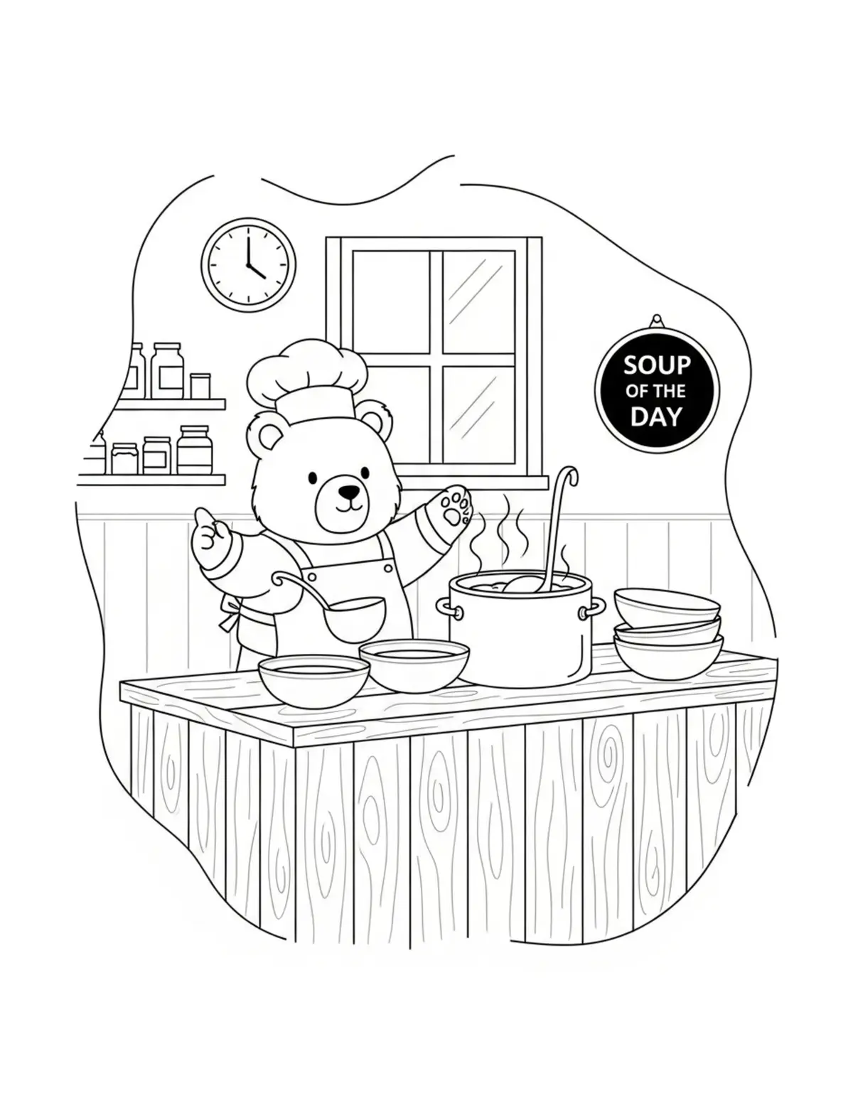 Free printable coloring page: tiny-bear-running-a-cozy-soup coloring page. Cute and cozy design for kids and adults to download and print.