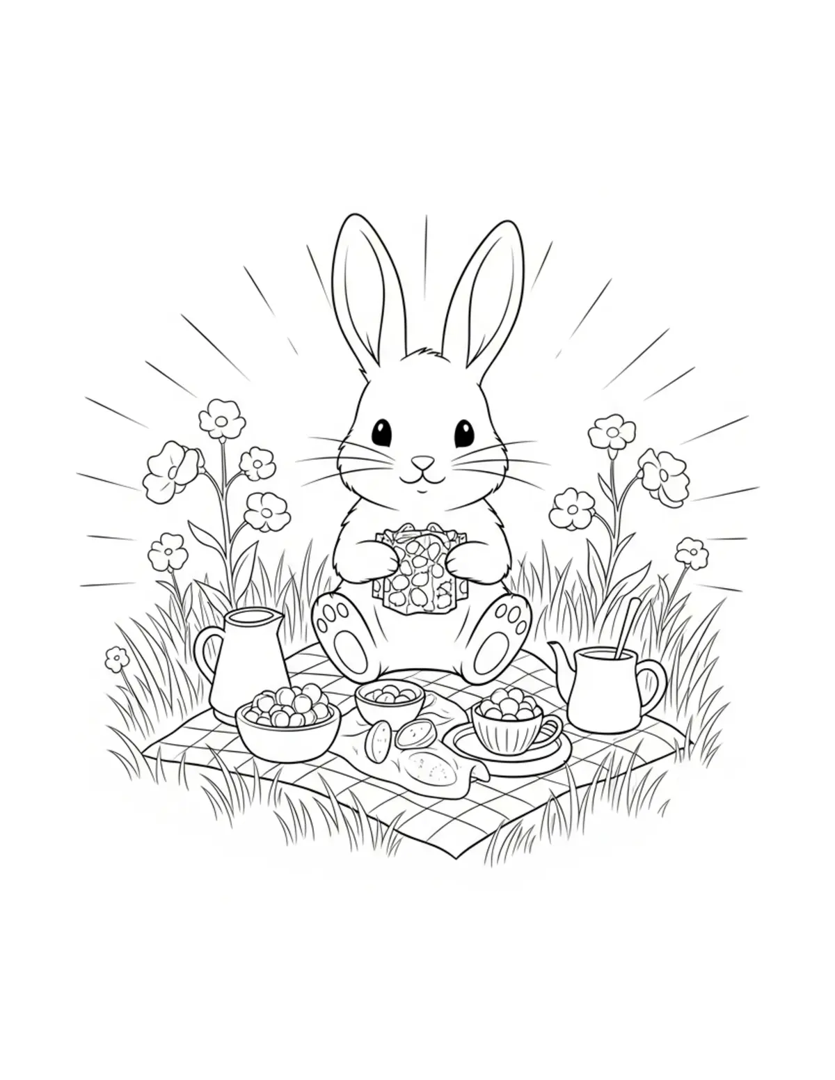 Free printable coloring page: tiny-bunny-hosting-a-garden-pi coloring page. Cute and cozy design for kids and adults to download and print.