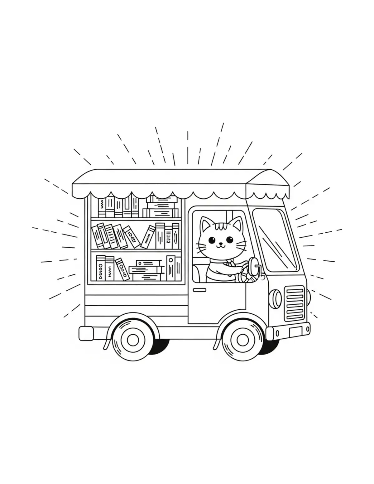 Free printable coloring page: tiny-cat-driving-a-bookmobile coloring page. Cute and cozy design for kids and adults to download and print.