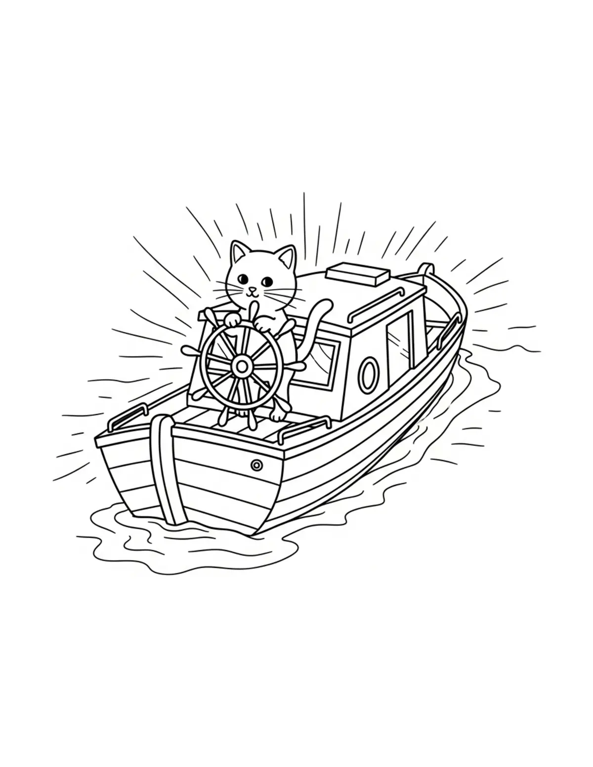 Free printable coloring page: tiny-cat-steering-a-cozy-canal coloring page. Cute and cozy design for kids and adults to download and print.