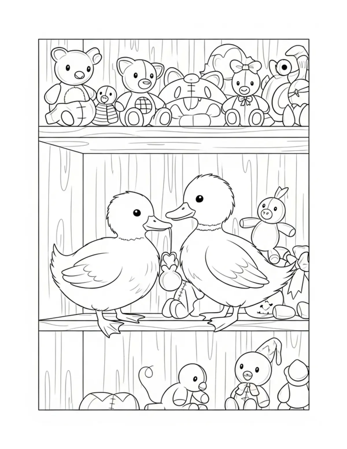 Tiny Duck Choosing A Toy From  Coloring Page - free printable JPG featuring adorable tiny animal village scene