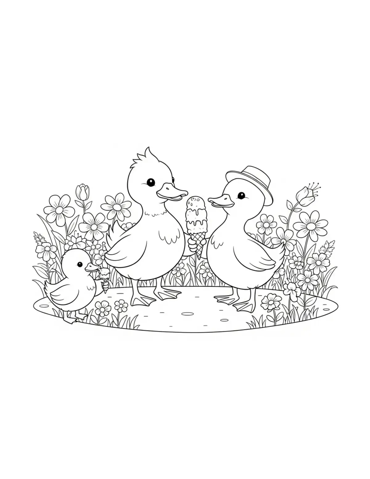Tiny Duck Sharing Ice Cream Wi Coloring Page - free printable JPG featuring adorable tiny animal village scene