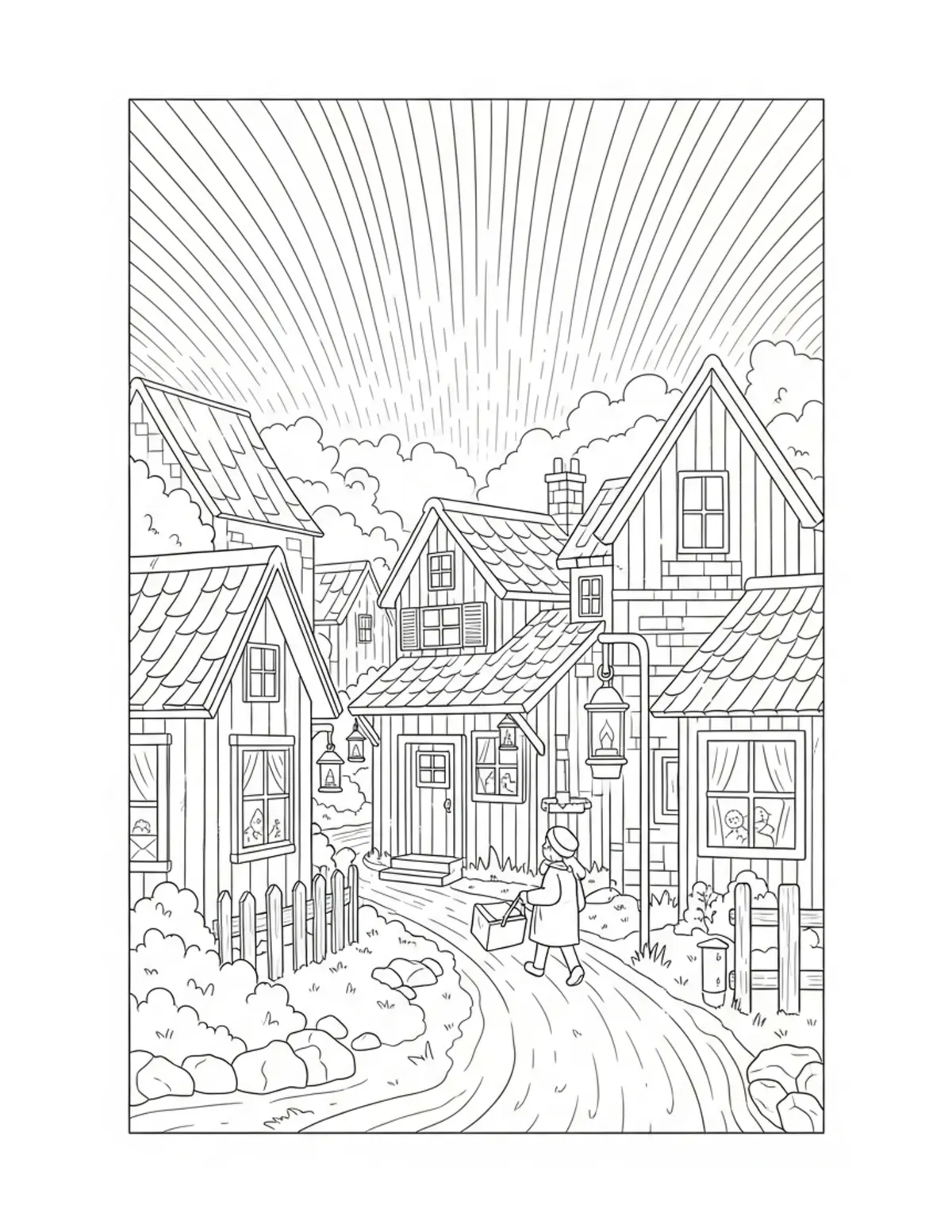 Tiny Evening Mail Delivery Rou Coloring Page - free printable JPG featuring adorable tiny animal village scene