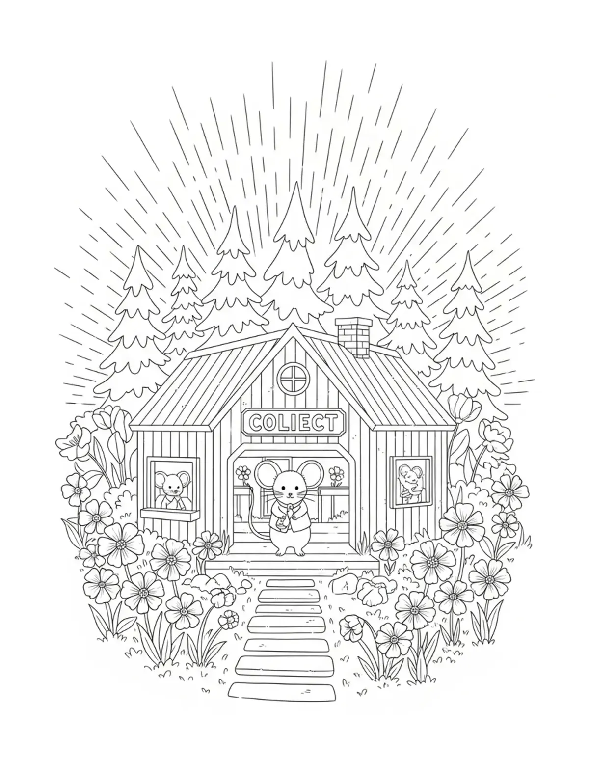 Free printable coloring page: tiny mouse forest train statio coloring page. Cute design for kids and adults.