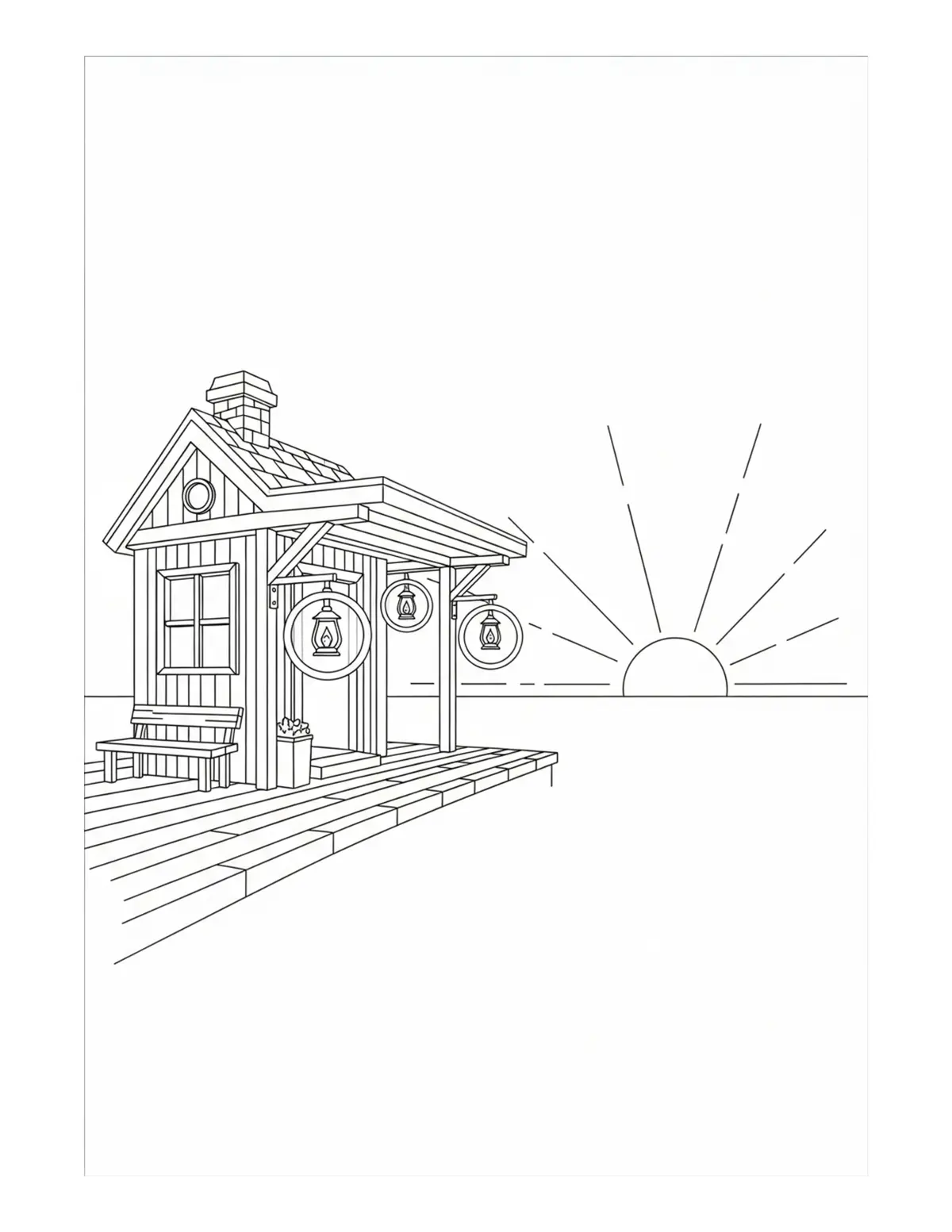 Tiny Train Station At Sunset W Coloring Page - free printable JPG featuring adorable tiny animal village scene