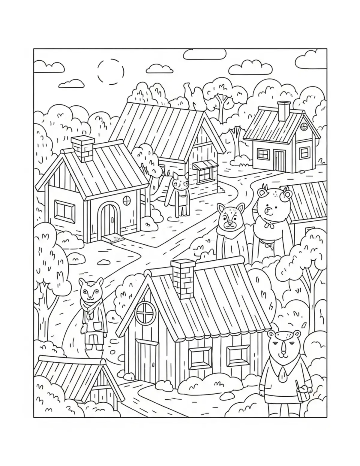 Free printable coloring page: animal-village-overview-scene coloring page. Cute and cozy design for kids and adults to download and print.