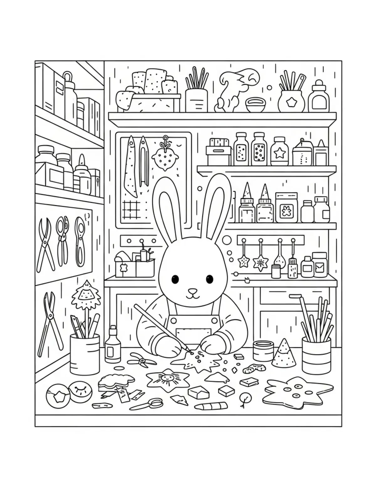 Free printable coloring page: cute bunny crafting handmade d coloring page. Cute and cozy animal design for kids and adults to download and print.