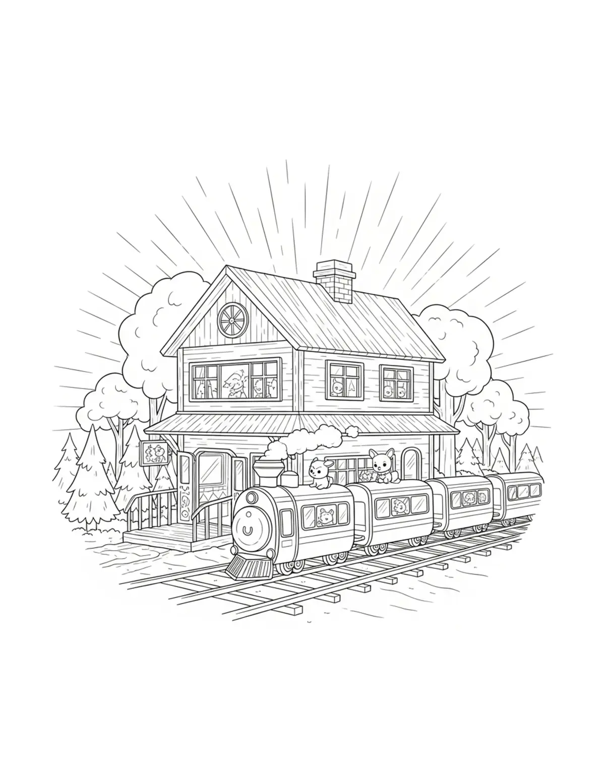 Free printable coloring page: woodland train station coloring page. Cute and cozy design for kids and adults to download and print.