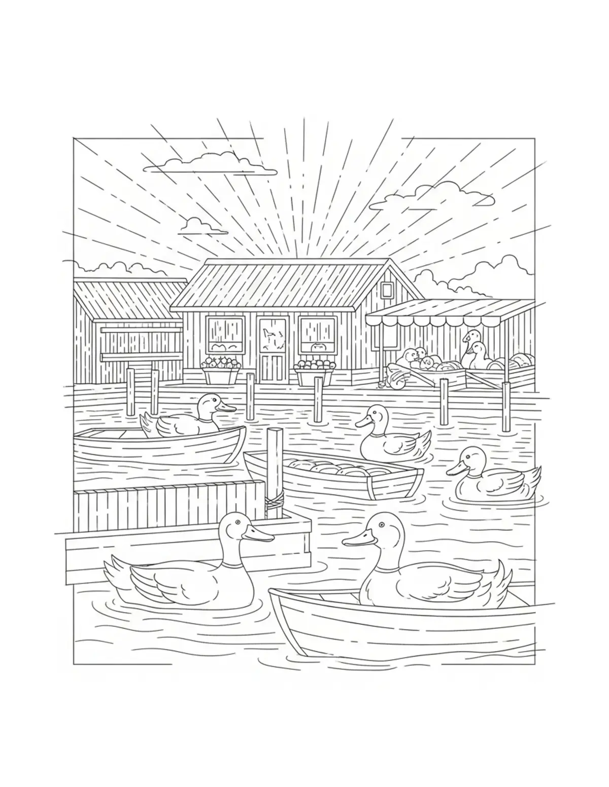 Grand Lakeside Duck Market Coloring Page - free printable JPG featuring adorable duck scenes