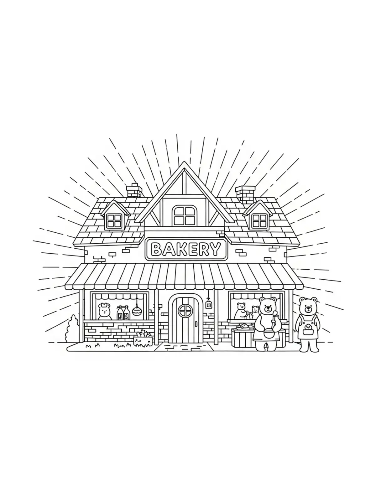 Free printable coloring page: panoramic-bear-bakery-village coloring page. Cute and cozy design for kids and adults to download and print.