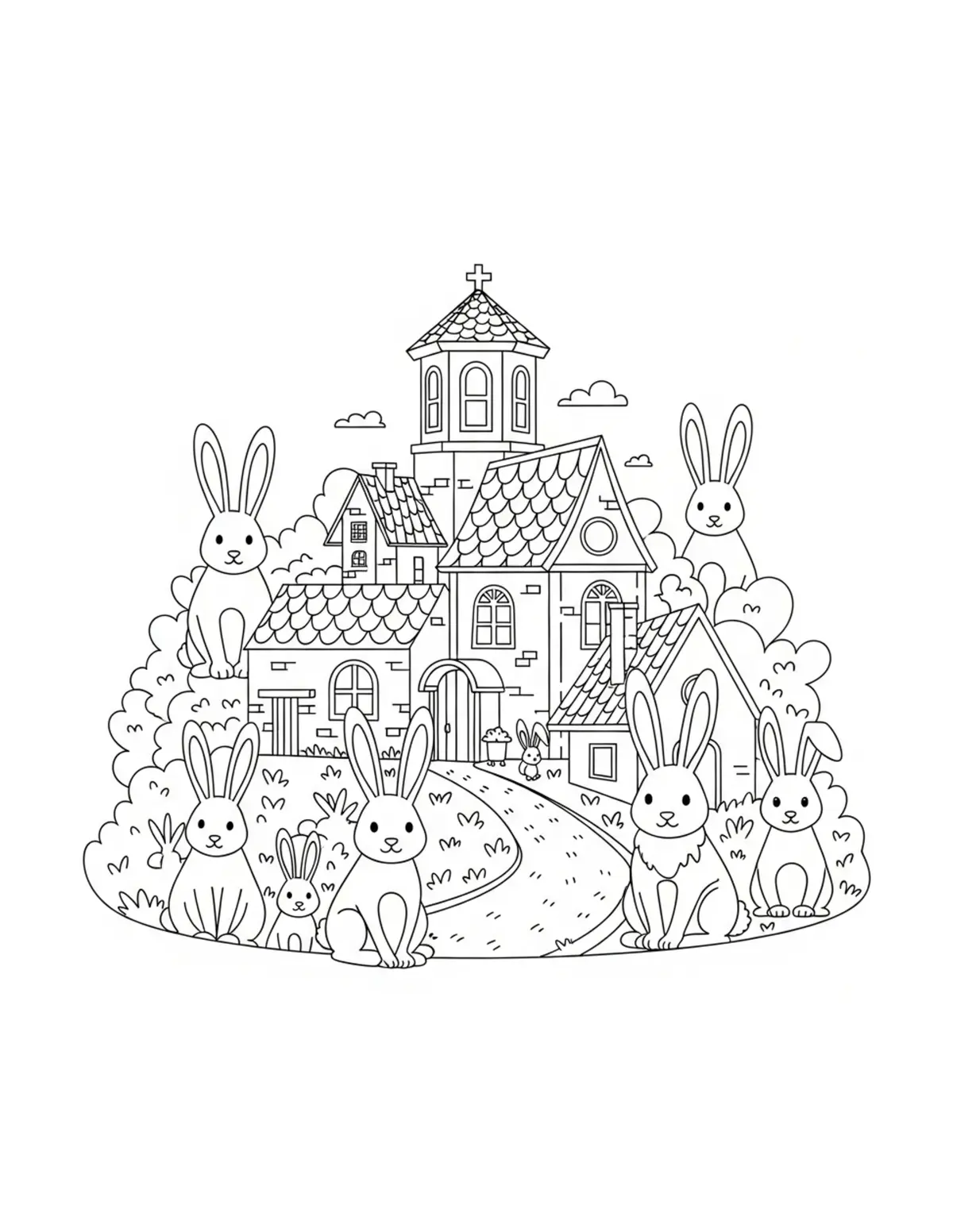Free printable coloring page: panoramic bunny village scene coloring page. Cute and cozy design for kids and adults to download and print.