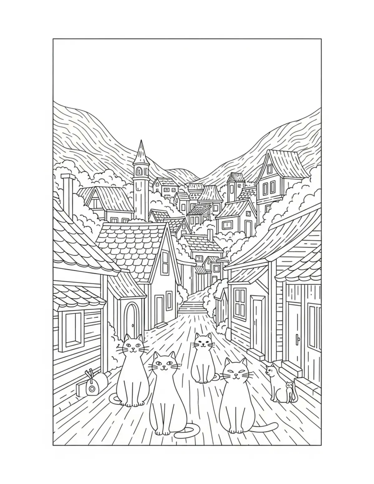 Panoramic Cat Village Scene — free printable cozy coloring coloring page for kids and adults