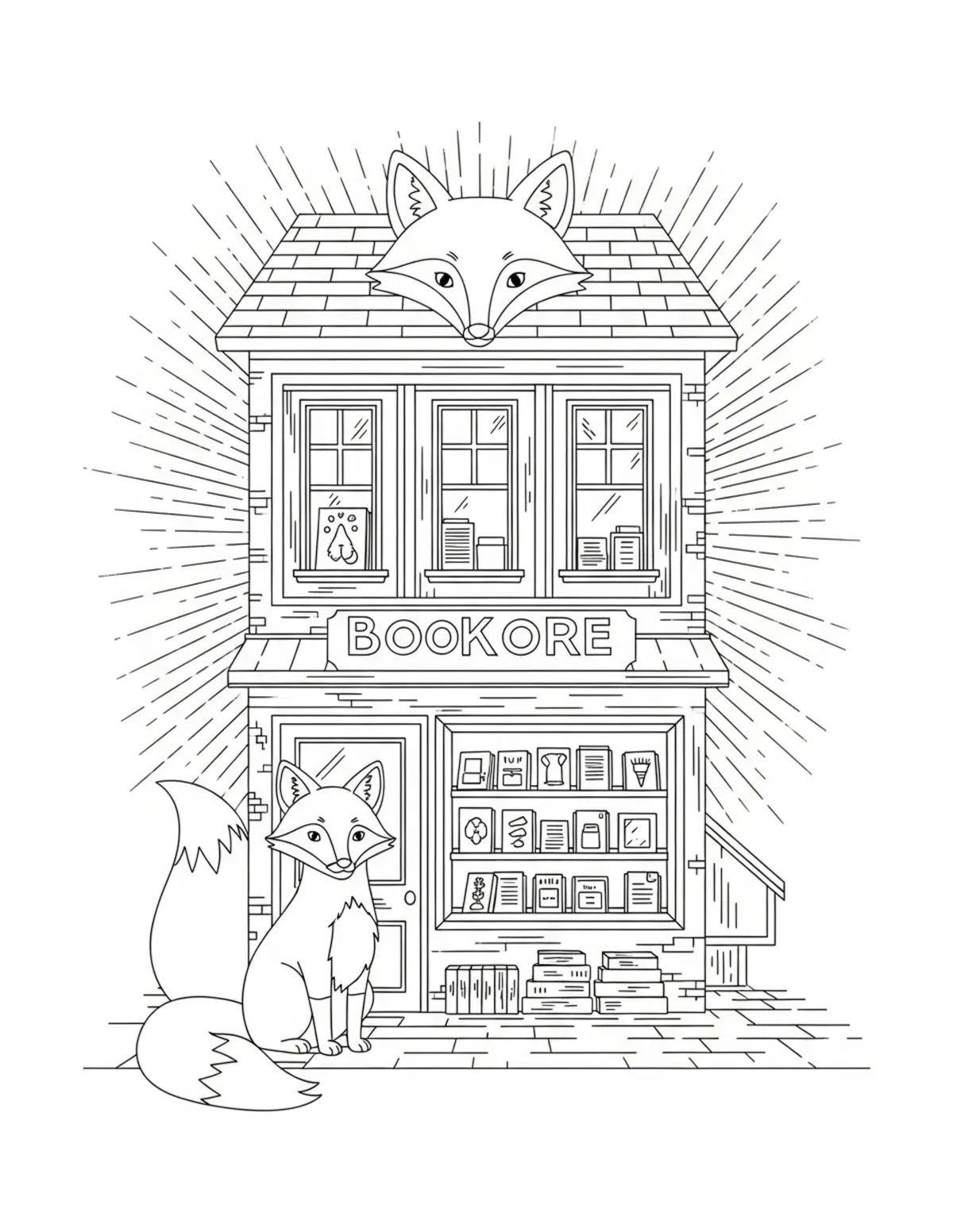 Free printable coloring page: panoramic fox bookstore villag coloring page. Cute and cozy bookstore and reading design for kids and adults to download and print.