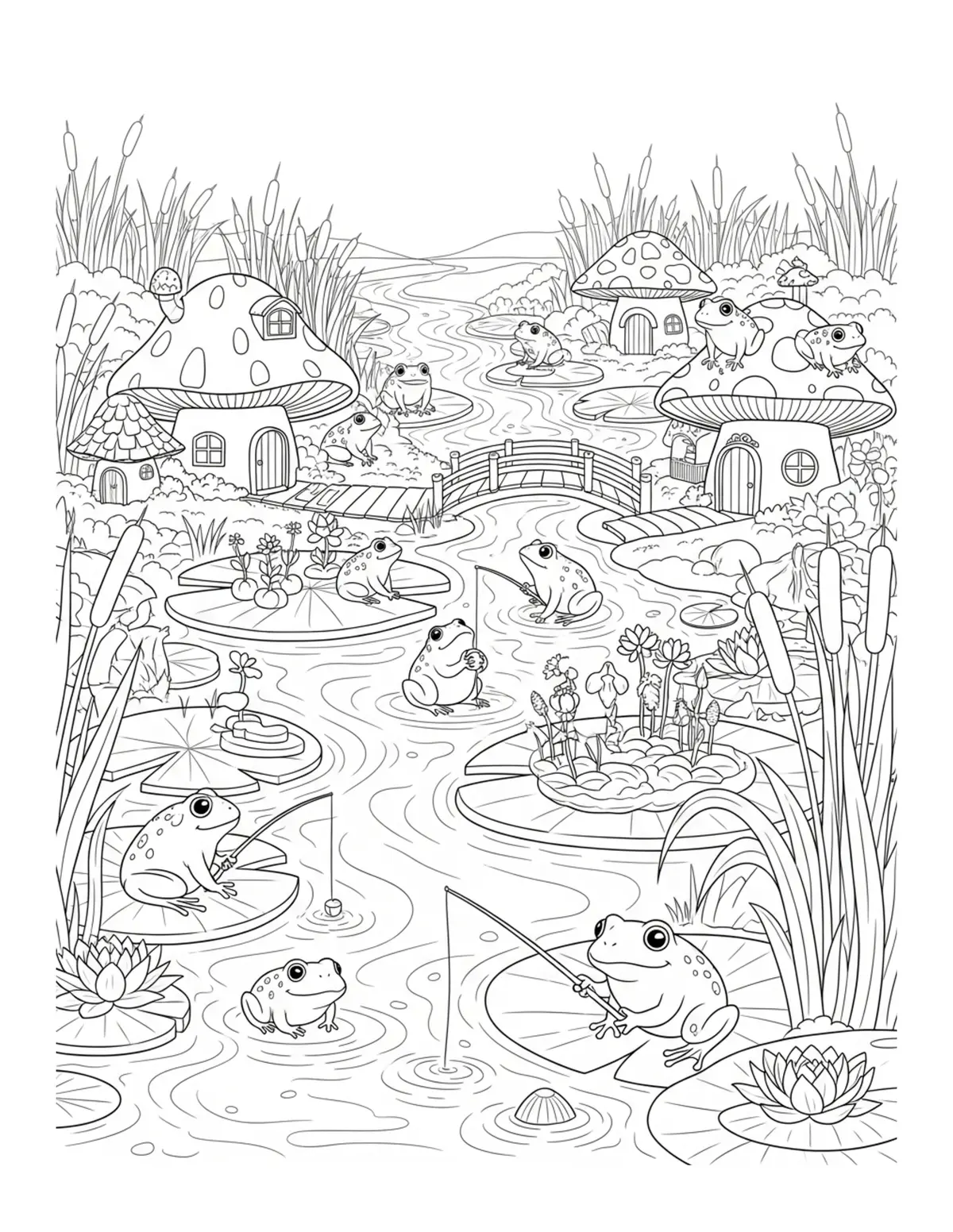 Free printable coloring page: panoramic frog village scene coloring page. Cute and cozy design for kids and adults to download and print.