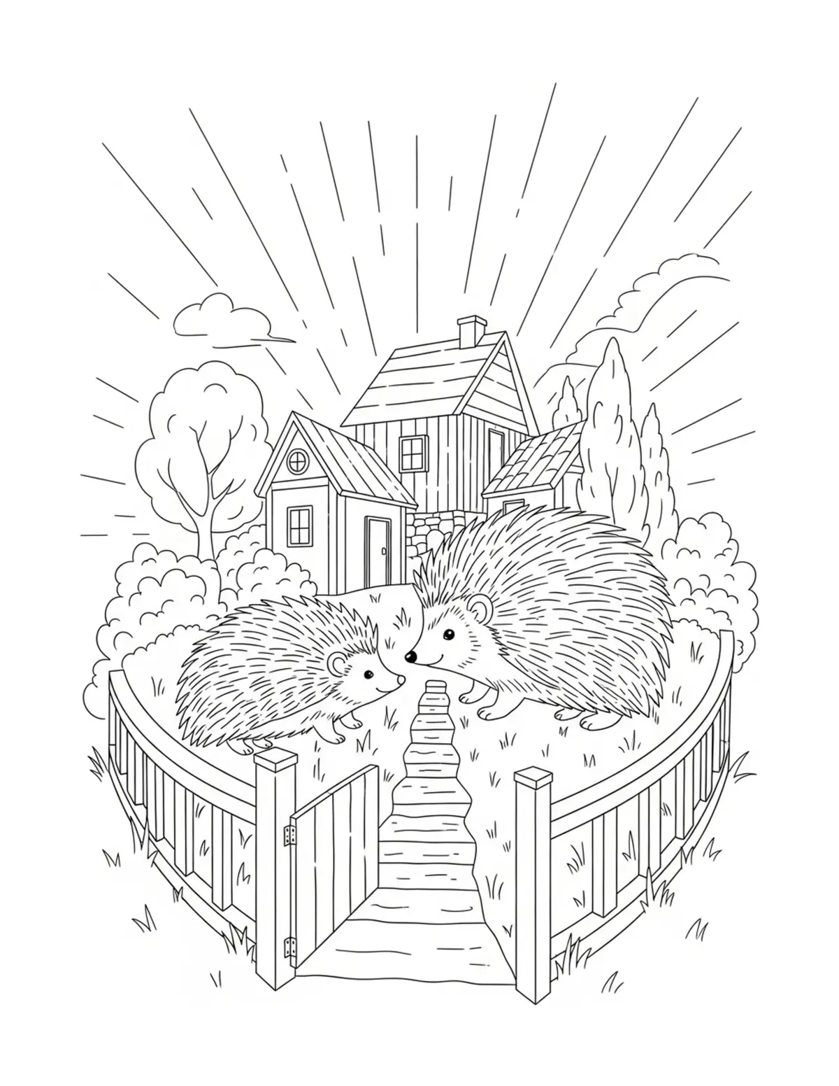 Free printable coloring page: panoramic hedgehog garden vill coloring page. Cute and cozy hedgehog garden design for kids and adults to download and print.