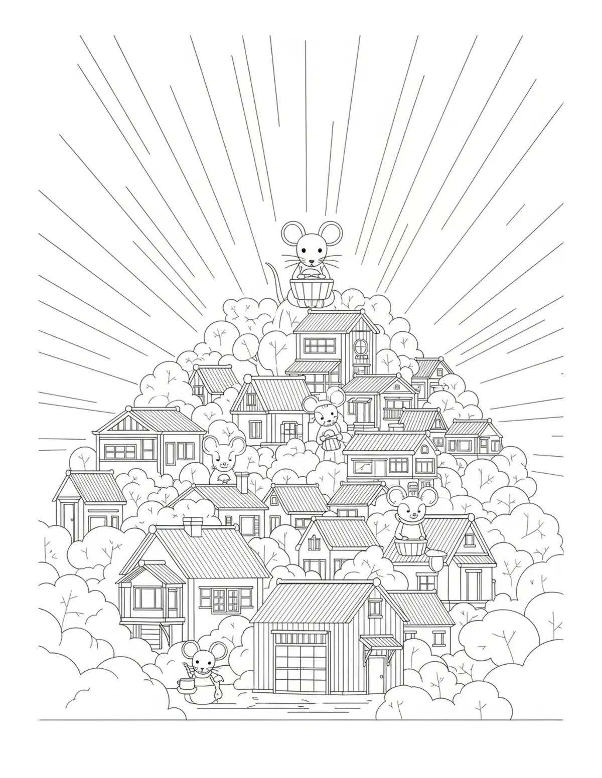 Free printable coloring page: panoramic mouse tea village coloring page. Cute and cozy mouse tea party design for kids and adults to download and print.