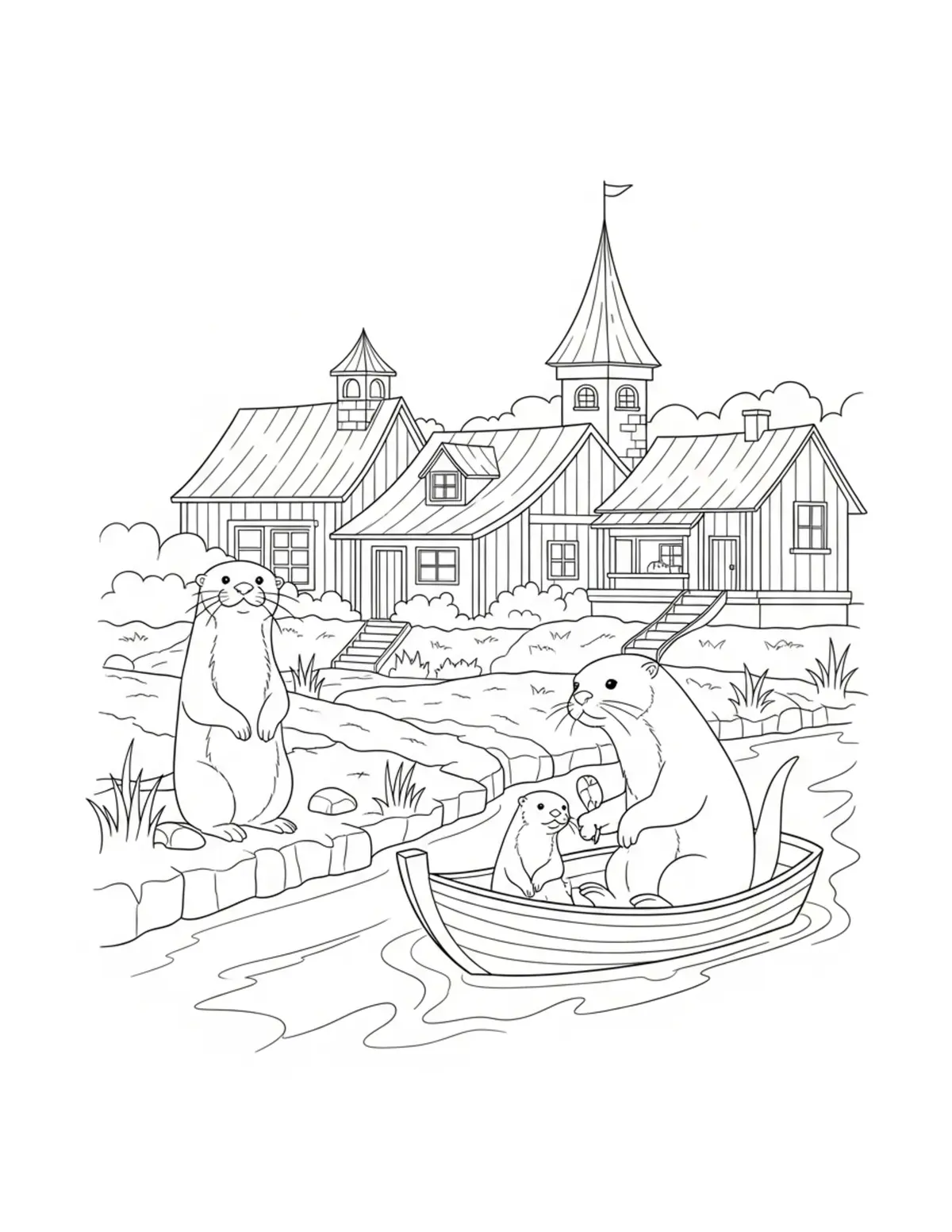 Panoramic Otter Riverside Village coloring page - free printable JPG featuring adorable otters