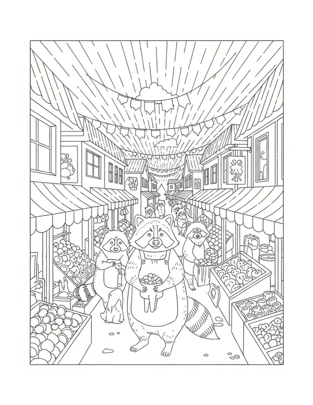 Panoramic Raccoon Market Village coloring page - free printable JPG featuring adorable raccoons at a market