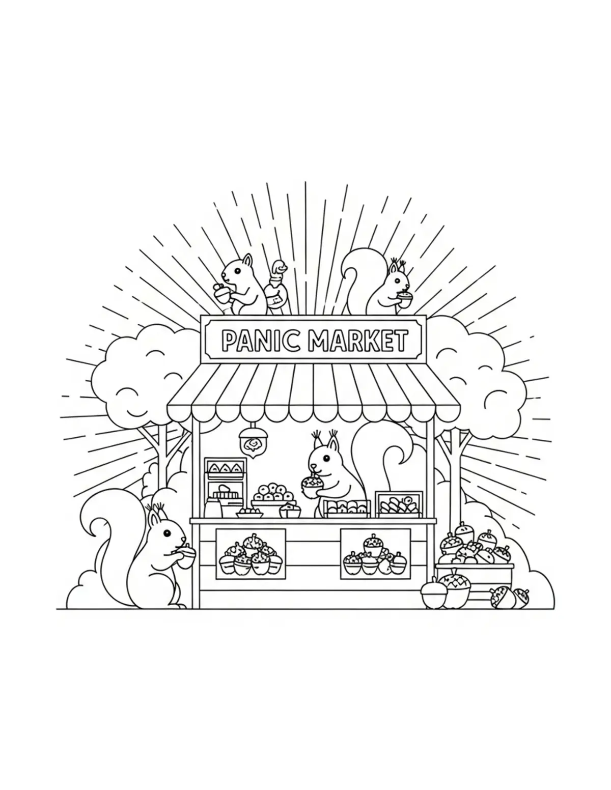 Panoramic Squirrel Acorn Market coloring page - free printable JPG featuring adorable squirrels in a woodland scene