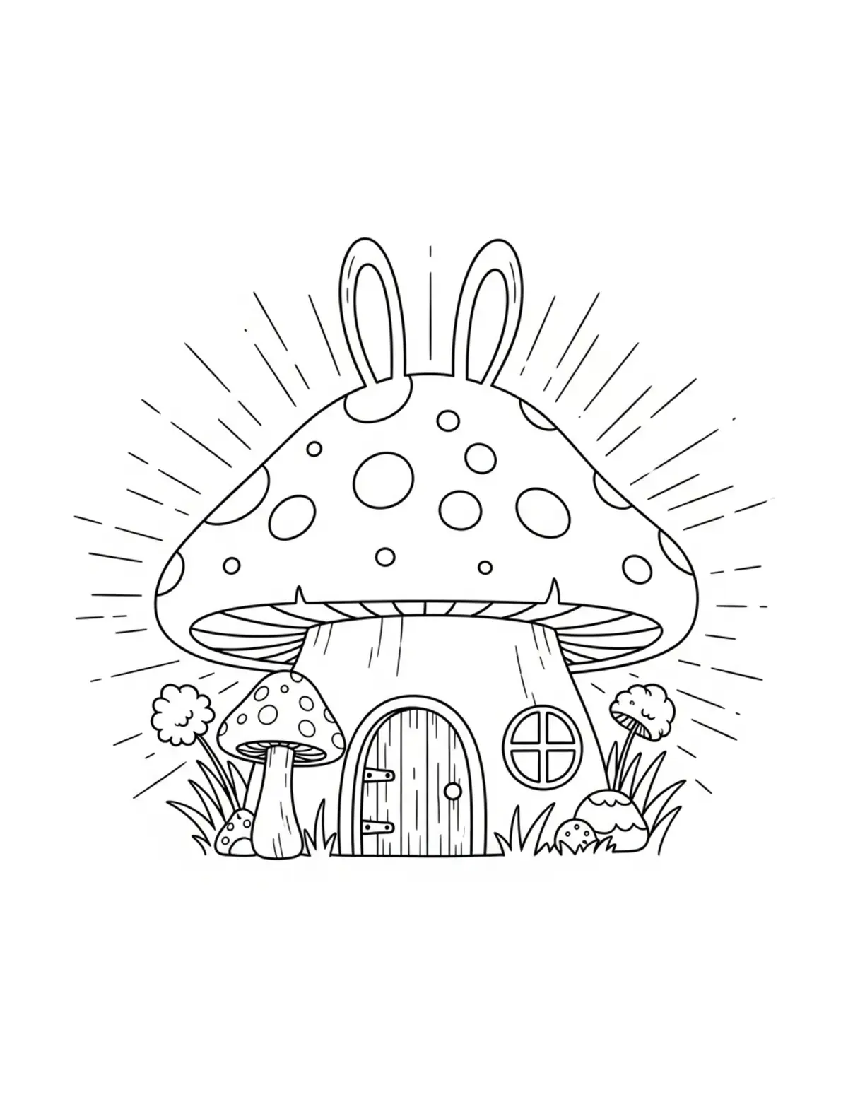 Free printable coloring page: bunny mushroom cottage coloring page. Cute and cozy design for kids and adults to download and print.