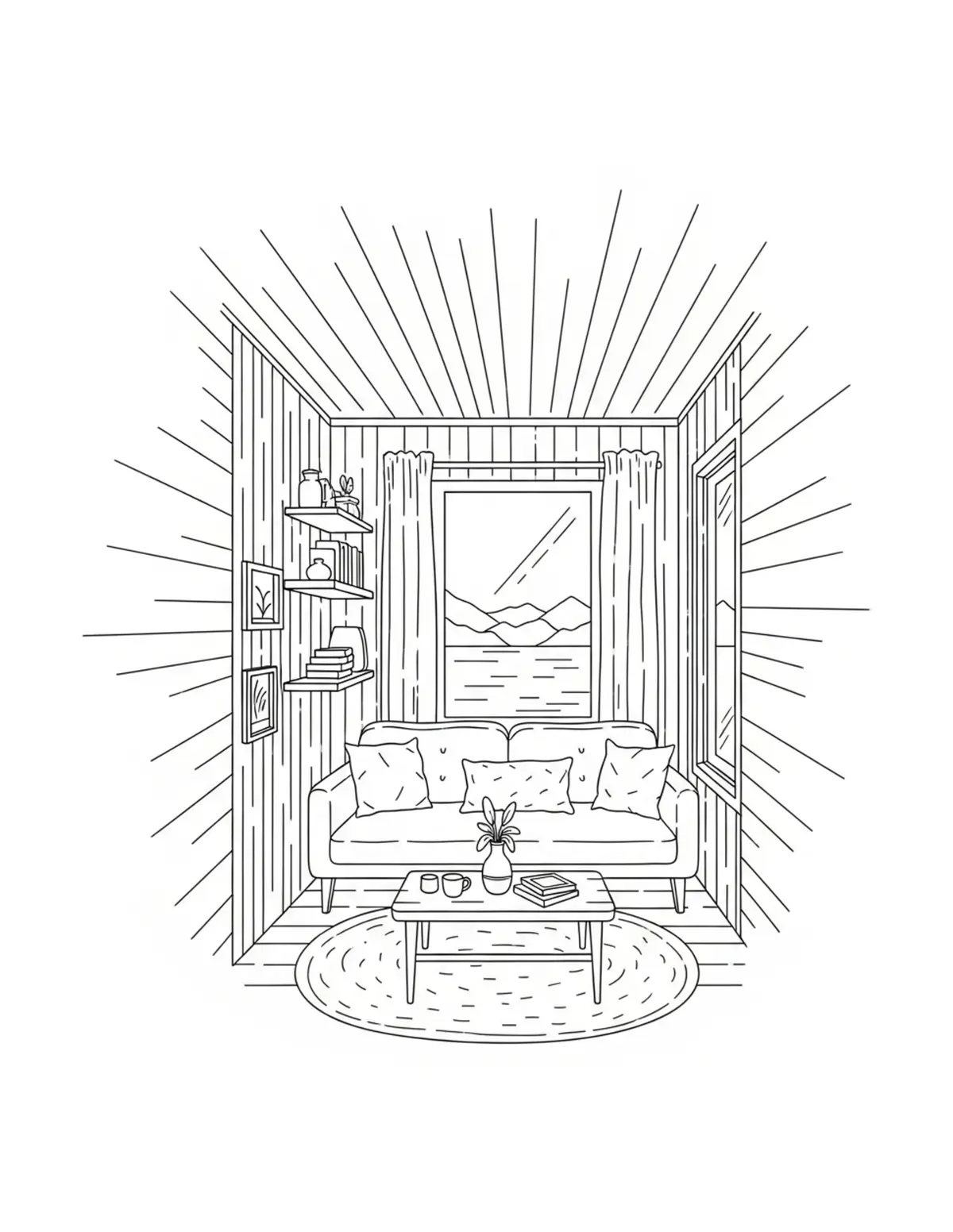 Free printable coloring page: cozy lakeside retreat room coloring page. Cute and cozy design for kids and adults to download and print.