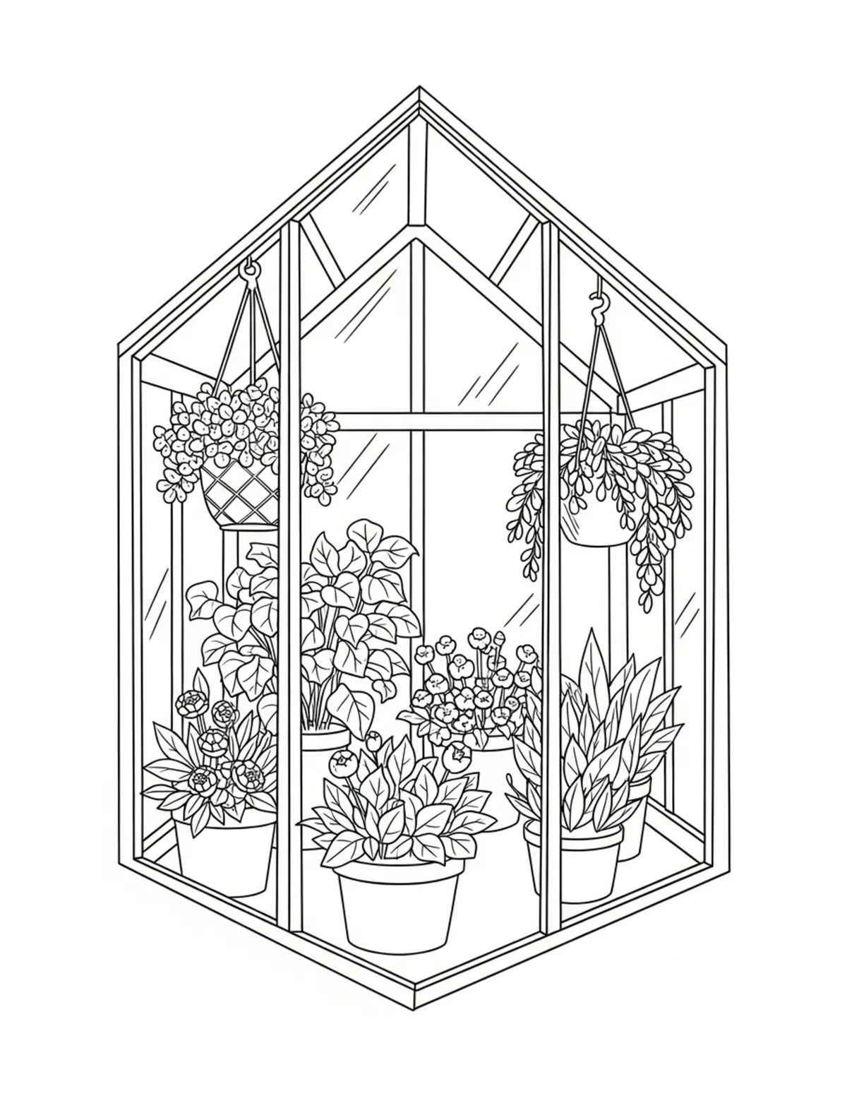 Free printable coloring page: cozy summer greenhouse corner coloring page. Cute and cozy summer design for kids and adults to download and print.