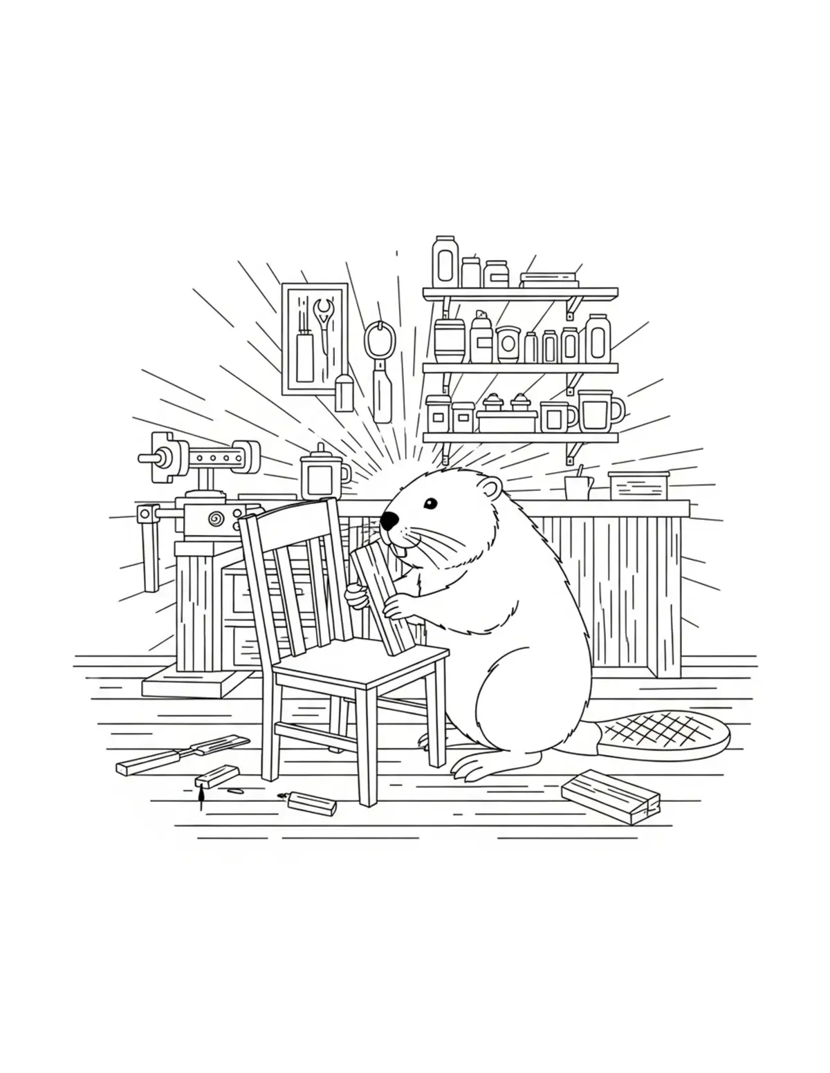 Cute Beaver Building a Wooden Bridge Coloring Page - free printable JPG featuring adorable woodland beaver
