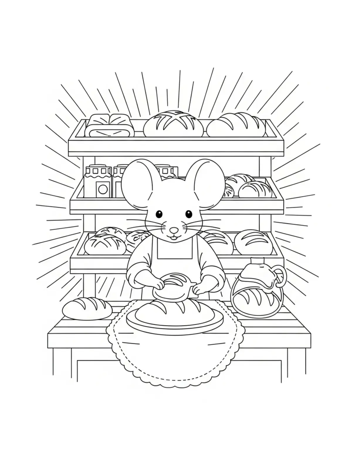 Cute Mouse Baking Fresh Bread Coloring Page - free printable JPG featuring adorable mouse bakery scenes