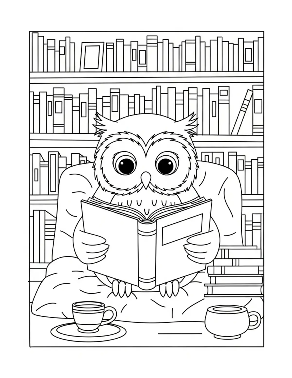 Cute Owl Reading A Book In A C Coloring Page - free printable JPG featuring adorable owl reading scenes