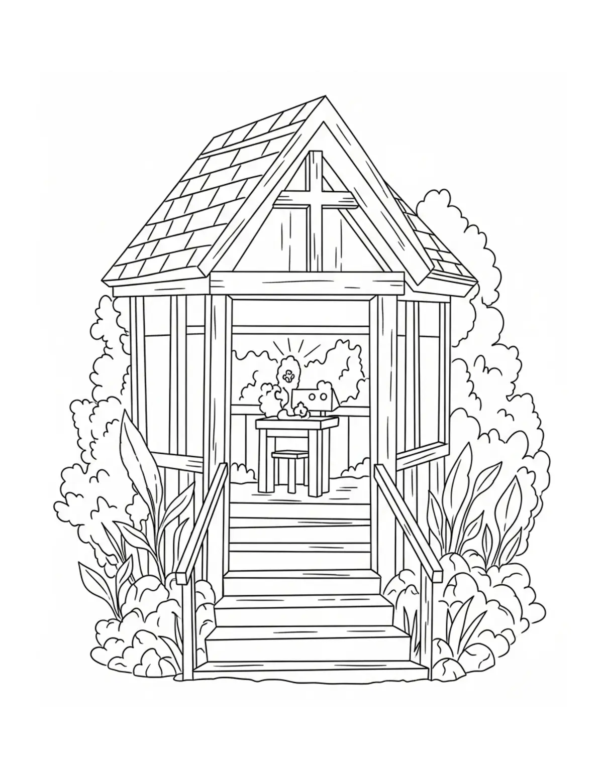 Free printable coloring page: mystery-woodland-courtyard-gar coloring page. Cute and cozy design for kids and adults to download and print.