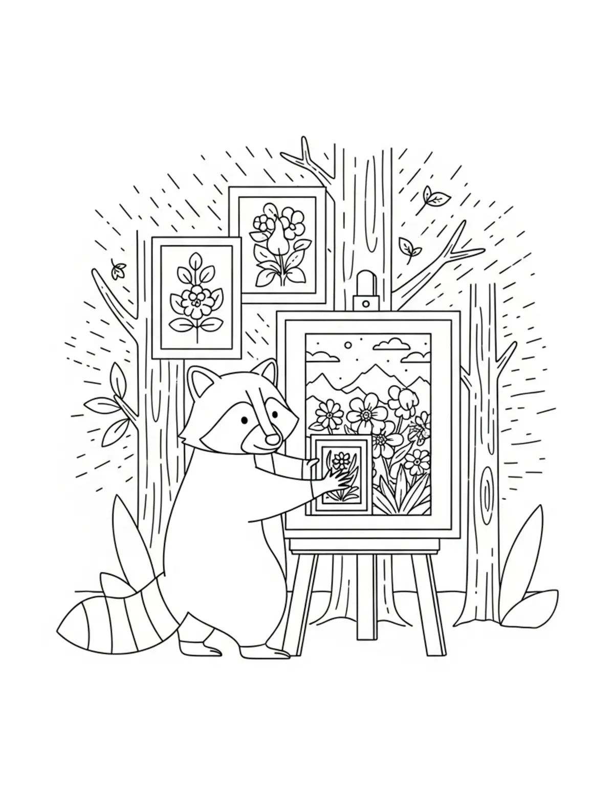 Raccoon Organizing a Forest Ar Coloring Page - free printable JPG featuring adorable woodland animals