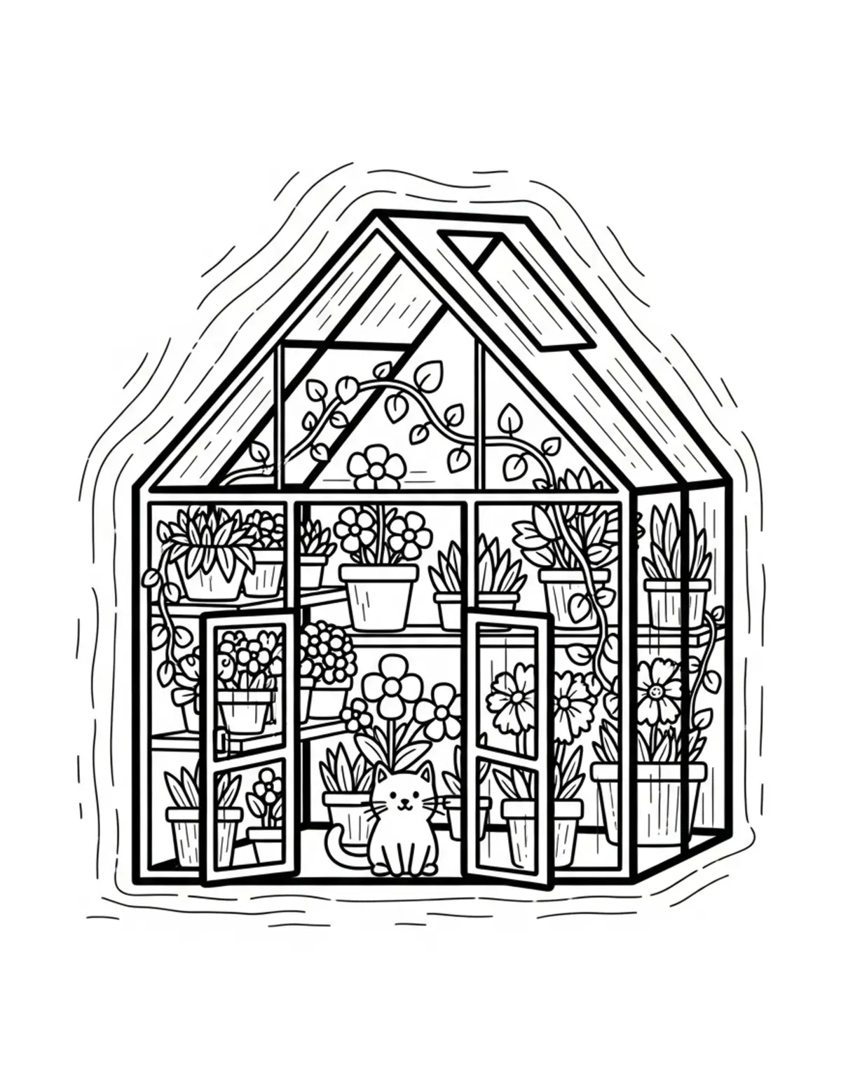 Free printable coloring page: tiny-cat-owning-a-flower-fille coloring page. Cute and cozy design for kids and adults to download and print.
