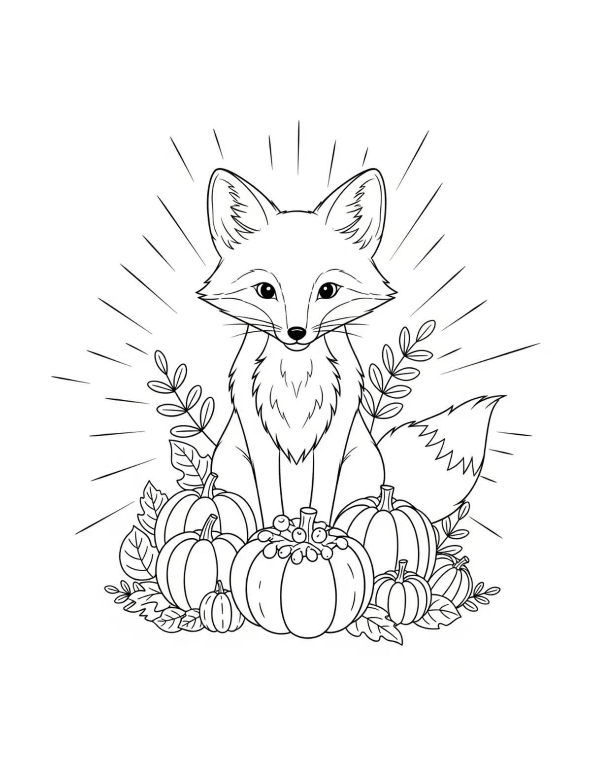 Free printable coloring page: tiny-fox-hosting-an-autumn-har coloring page. Cute and cozy design for kids and adults to download and print.