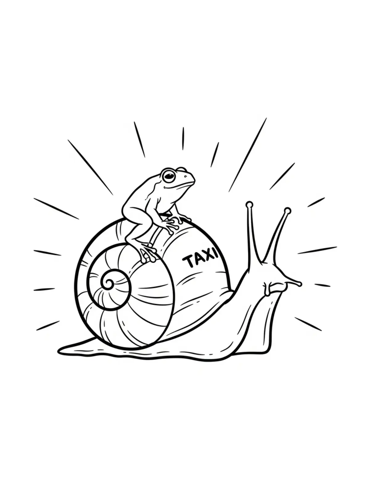 Free printable coloring page: tiny-frog-riding-a-giant-snail coloring page. Cute and cozy design for kids and adults to download and print.