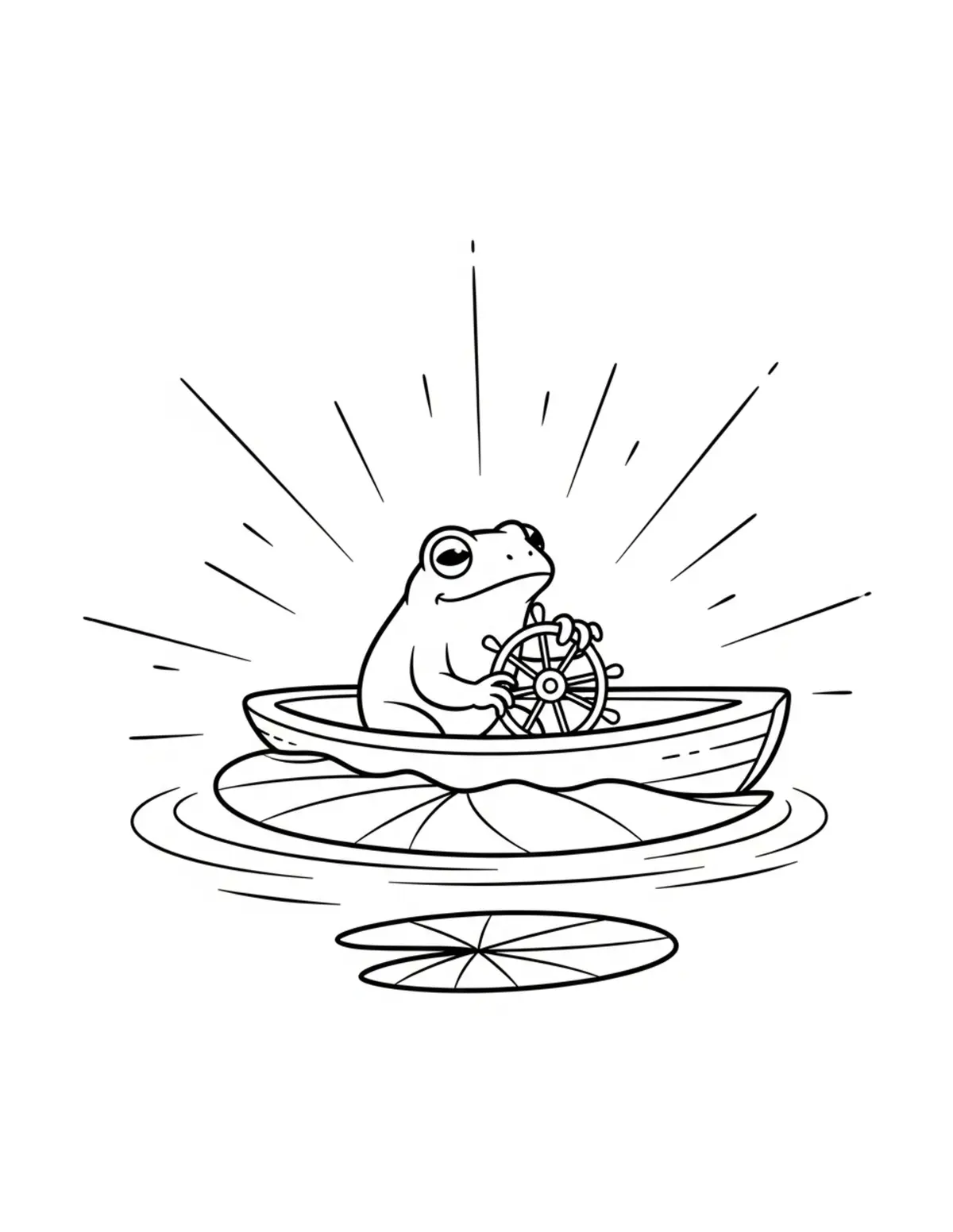 Free printable coloring page: tiny-frog-steering-a-lily-pad coloring page. Cute and cozy design for kids and adults to download and print.
