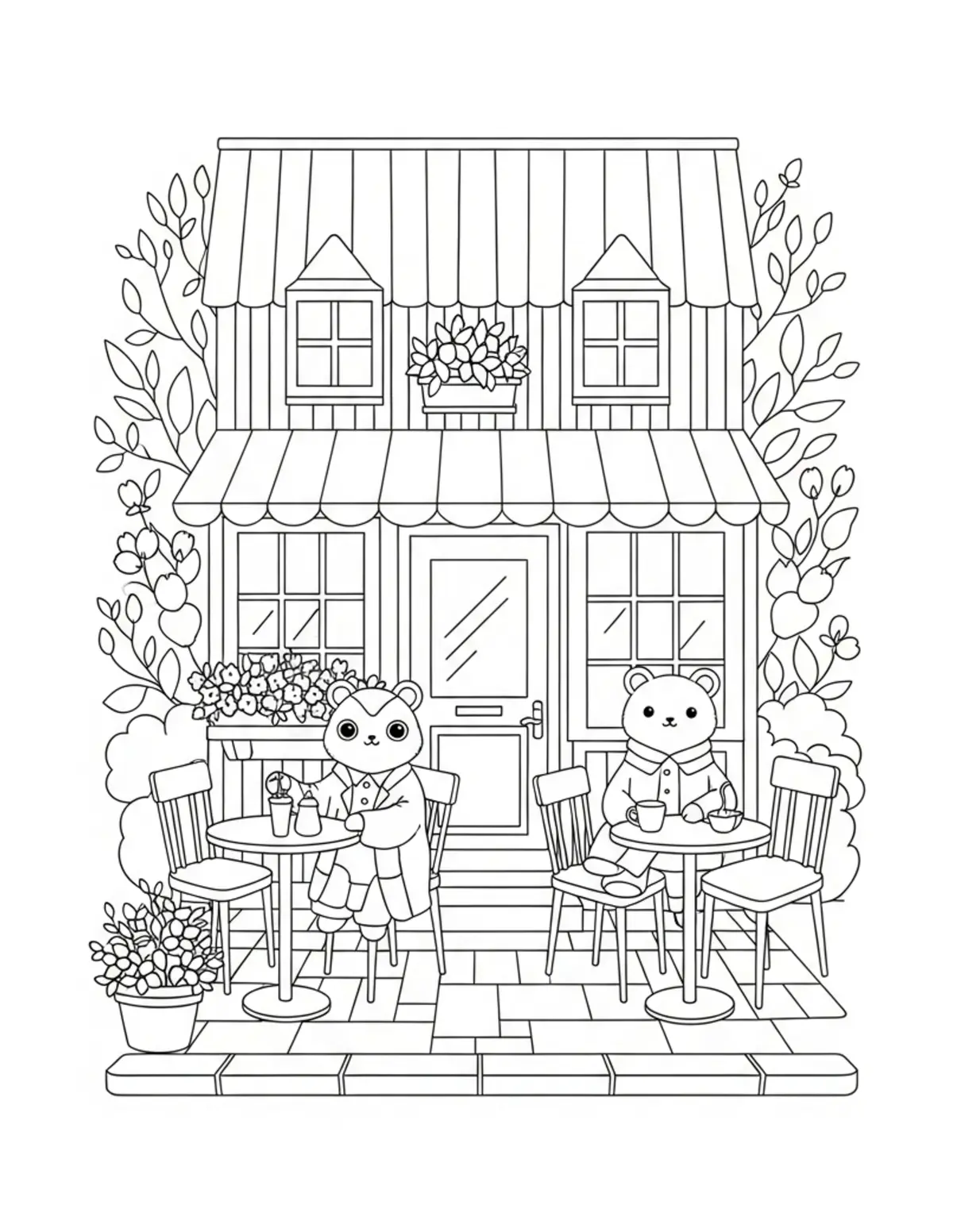 Free printable coloring page: tiny animal village cafe stree coloring page. Cute design for kids and adults.