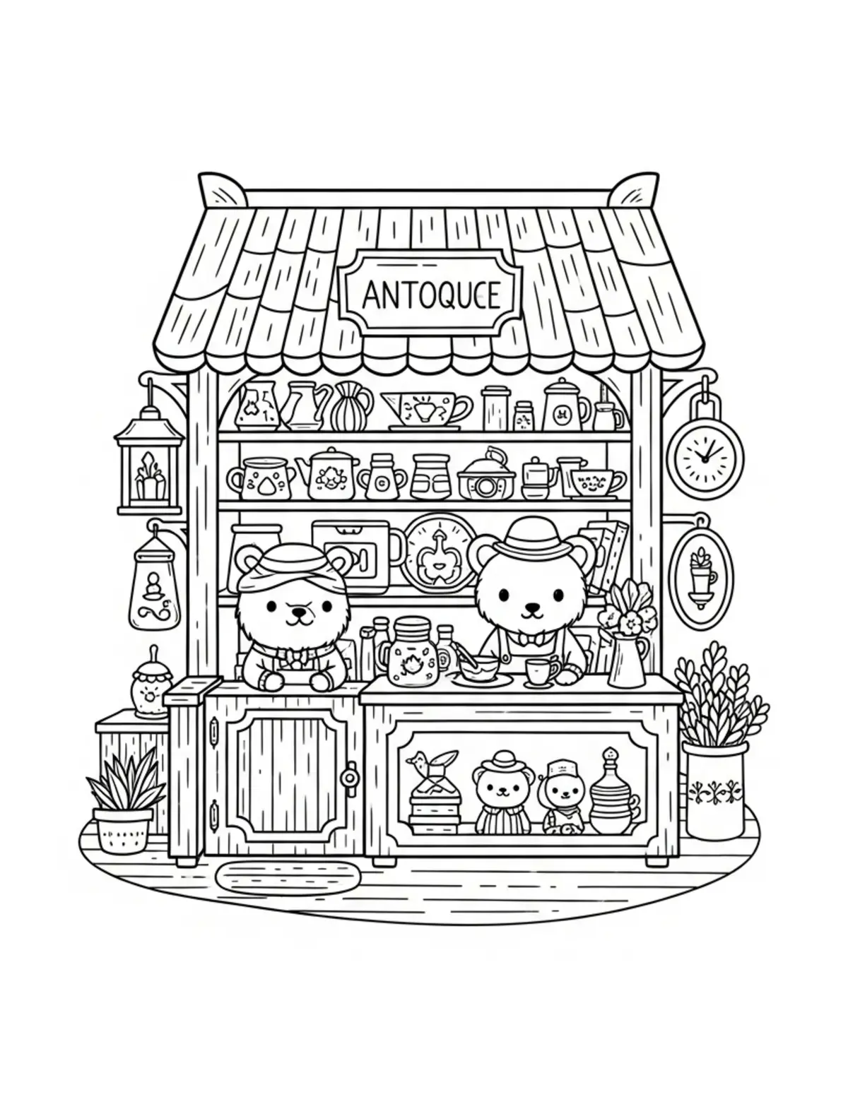 Tiny Cozy Antique Shop Filled  Coloring Page - free printable JPG featuring adorable tiny animal village scene