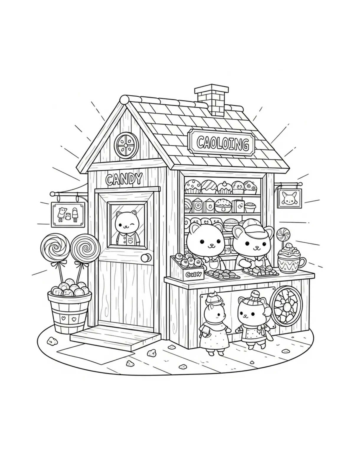 Tiny Cozy Candy Shop Filled Wi Coloring Page - free printable JPG featuring adorable tiny animal village scene