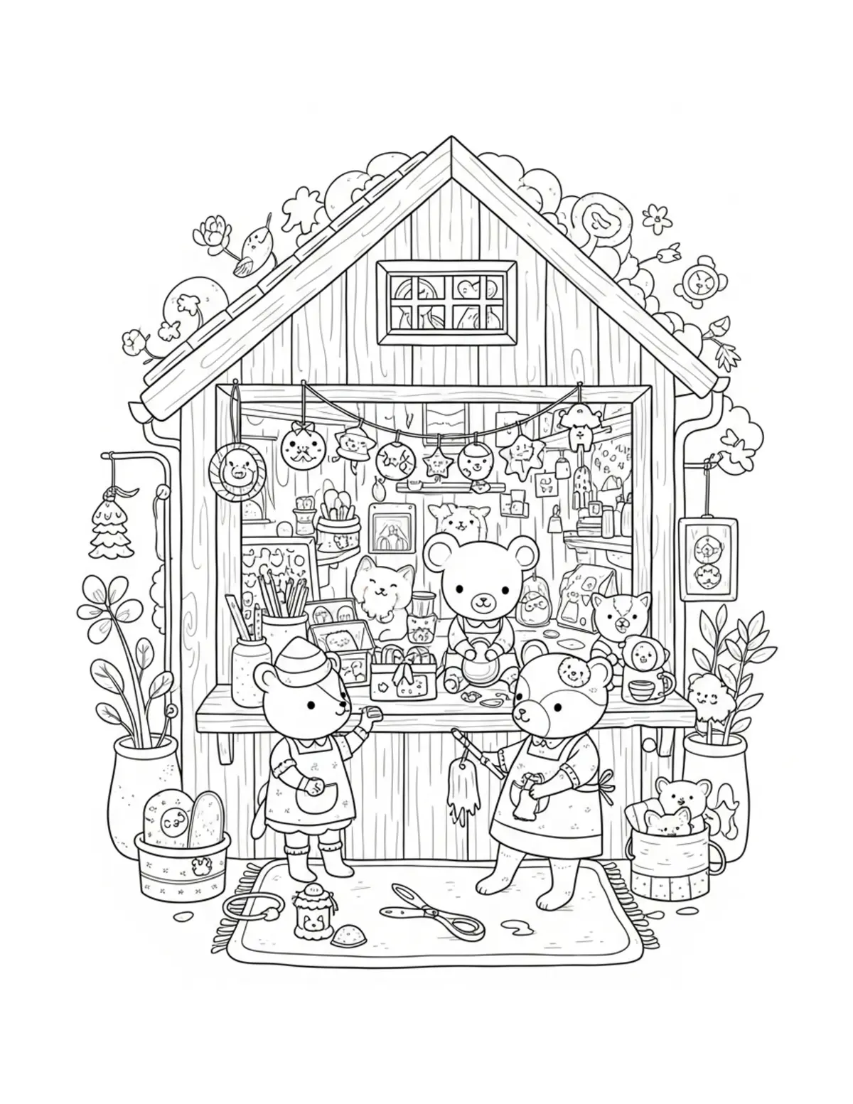 Tiny Cozy Craft Shop Filled Wi Coloring Page - free printable JPG featuring adorable tiny animal village scene