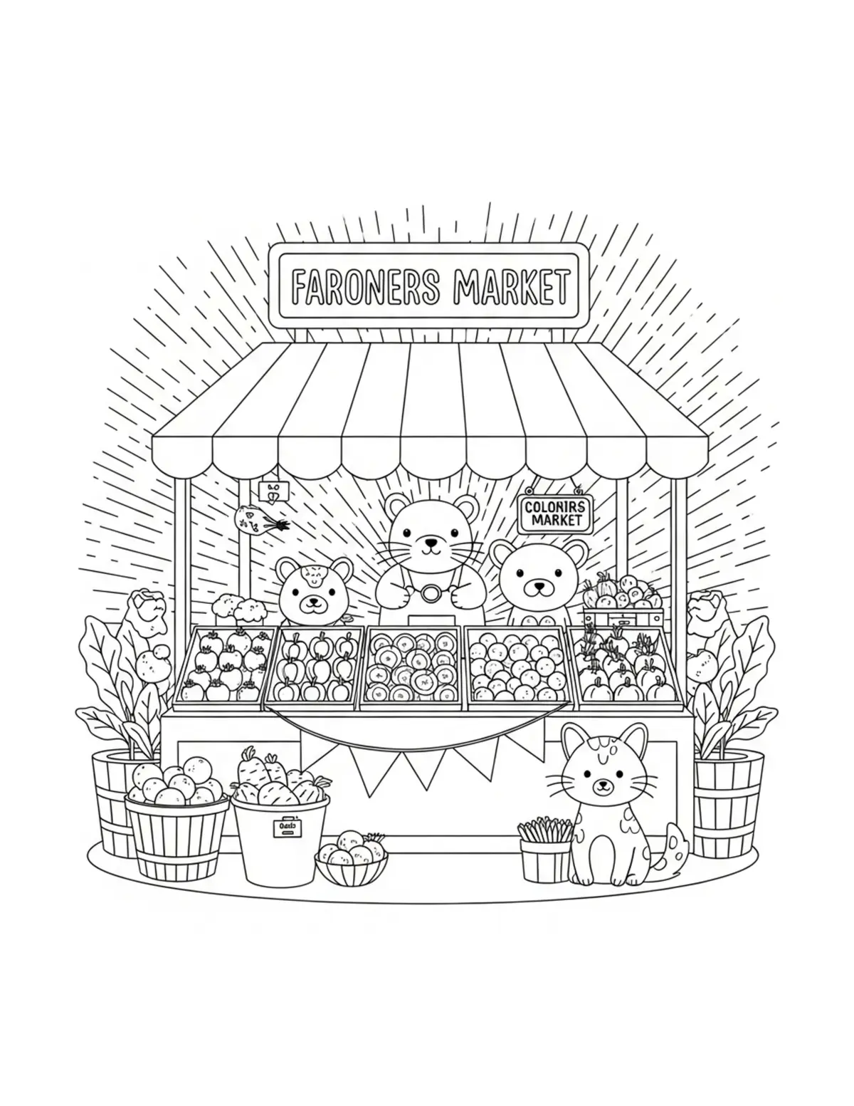 Tiny Cozy Farmers Market Fille Coloring Page - free printable JPG featuring adorable tiny animal village scene
