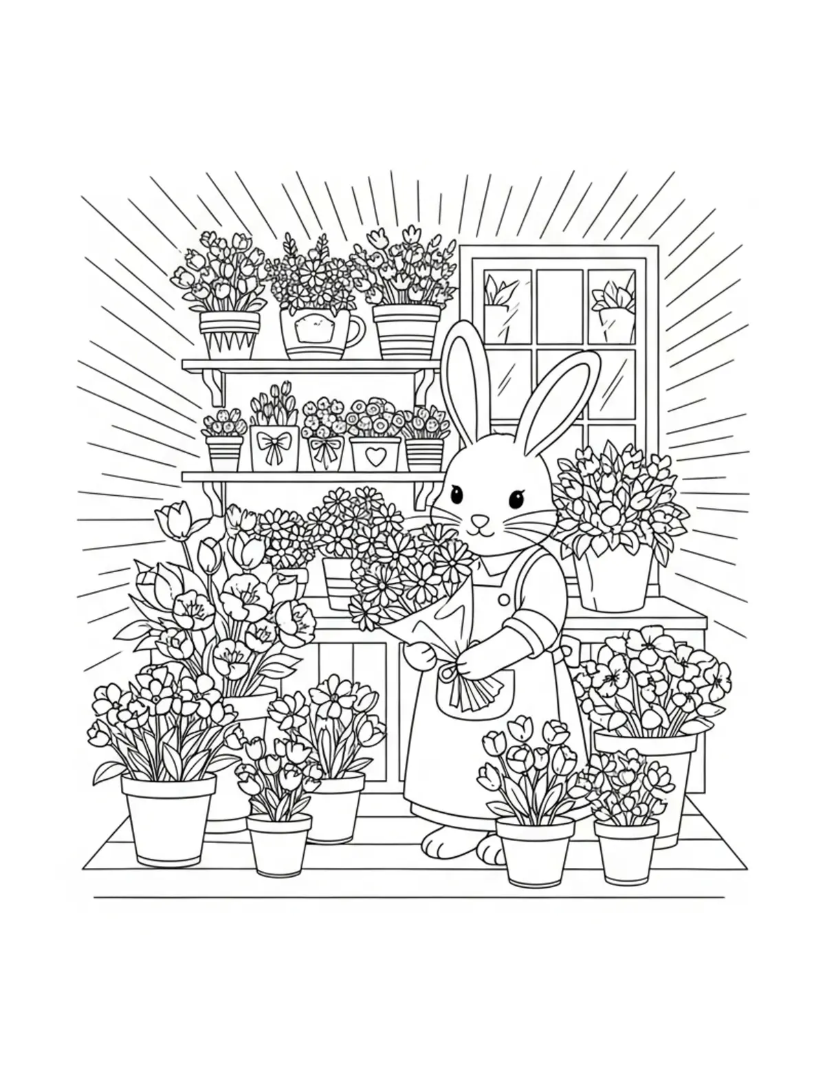 Tiny Cozy Flower Shop Filled W Coloring Page - free printable JPG featuring adorable tiny animal village scene