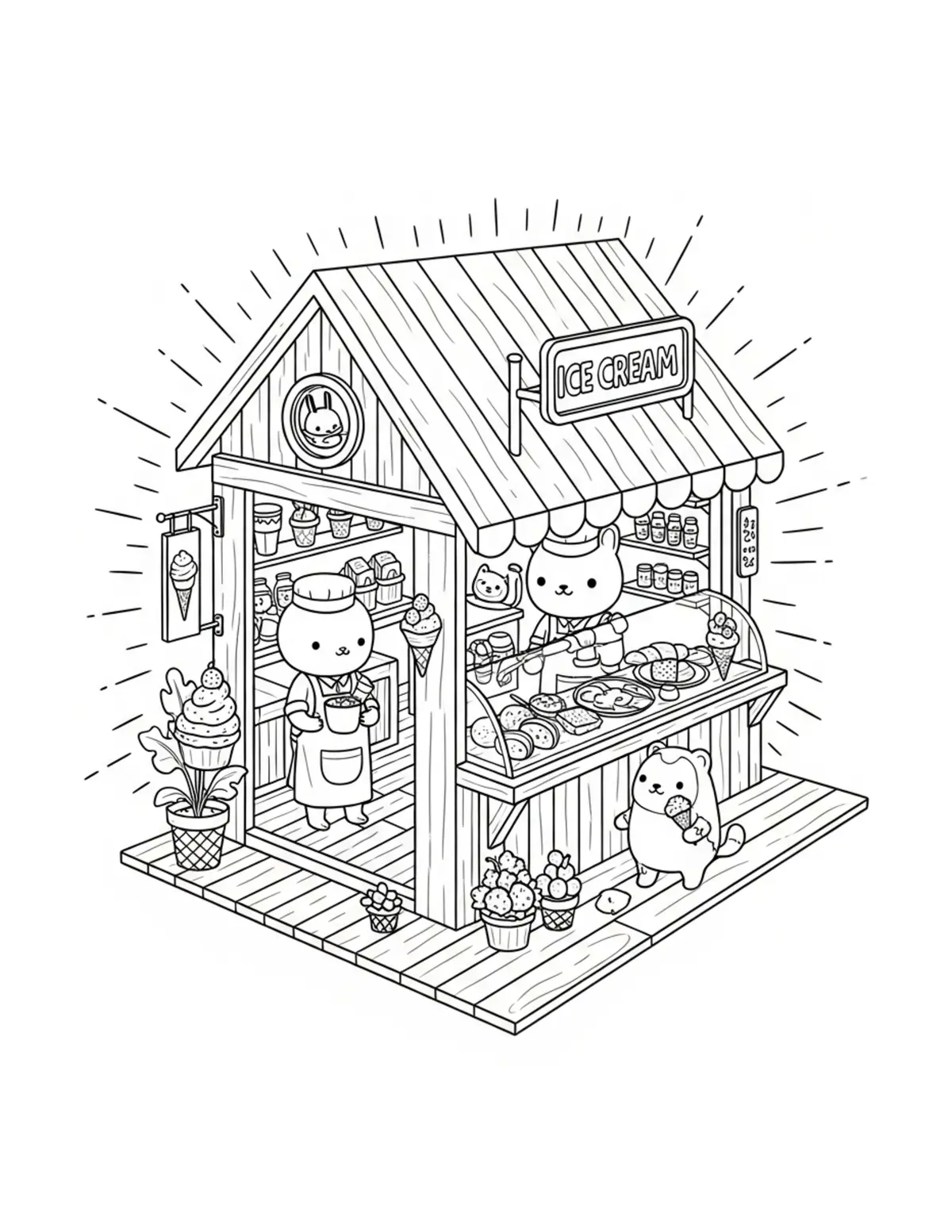 Tiny Cozy Ice Cream Shop Fille Coloring Page - free printable JPG featuring adorable tiny animal village scene
