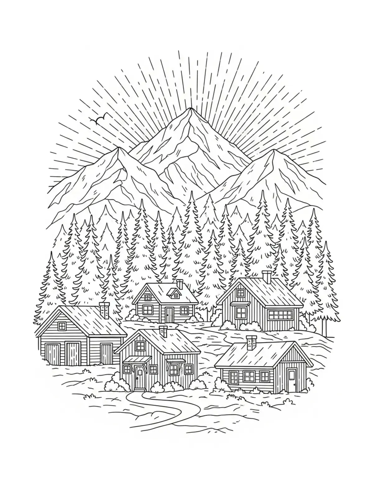 Tiny Cozy Mountain Village Sur Coloring Page - free printable JPG featuring adorable tiny animal village scene