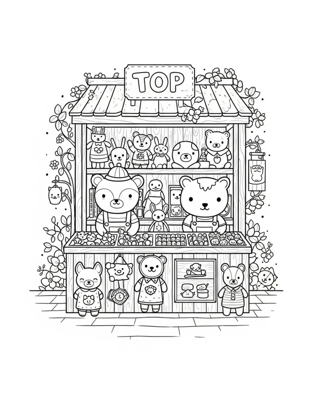Tiny Cozy Toy Shop Filled With Coloring Page - free printable JPG featuring adorable tiny animal village scene