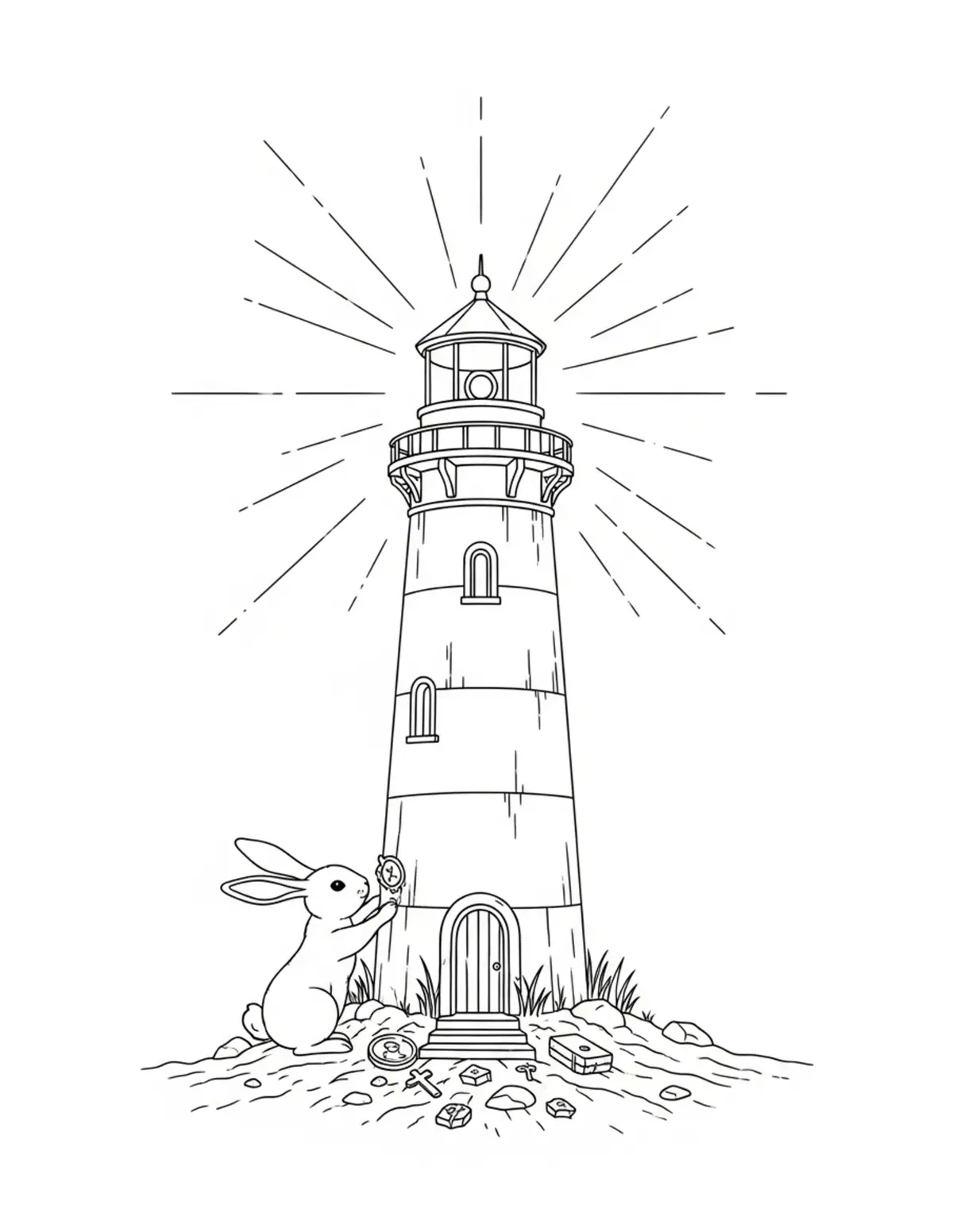 Free printable coloring page: tiny rabbit exploring an aband coloring page. Cute and cozy tiny animal design for kids and adults to download and print.