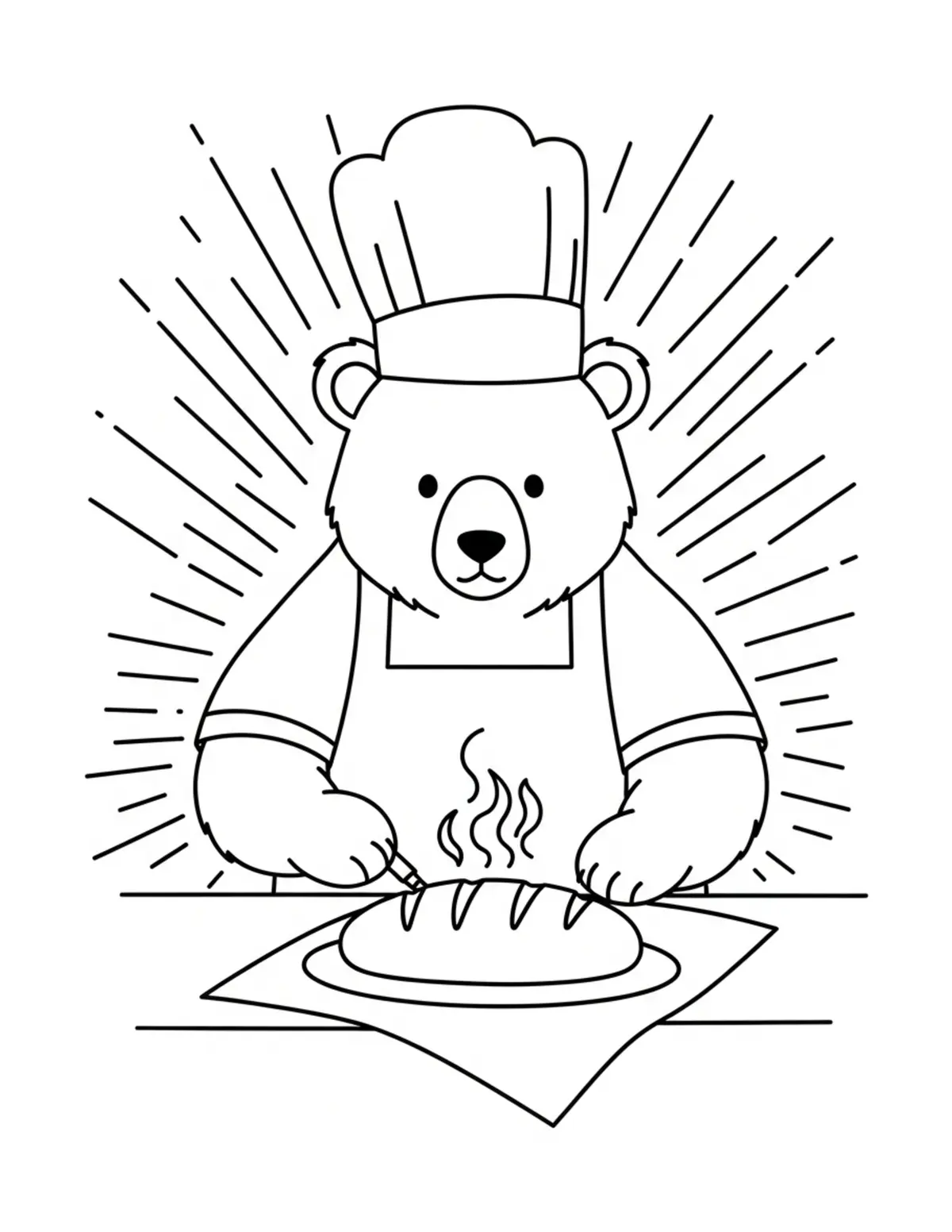 Free printable coloring page: bear-baking-fresh-bread coloring page. Cute and cozy design for kids and adults to download and print.