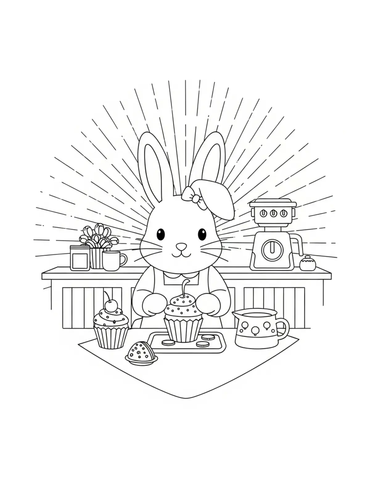 Free printable coloring page: bunny baking cupcakes in cotta coloring page. Cute and cozy design for kids and adults to download and print.