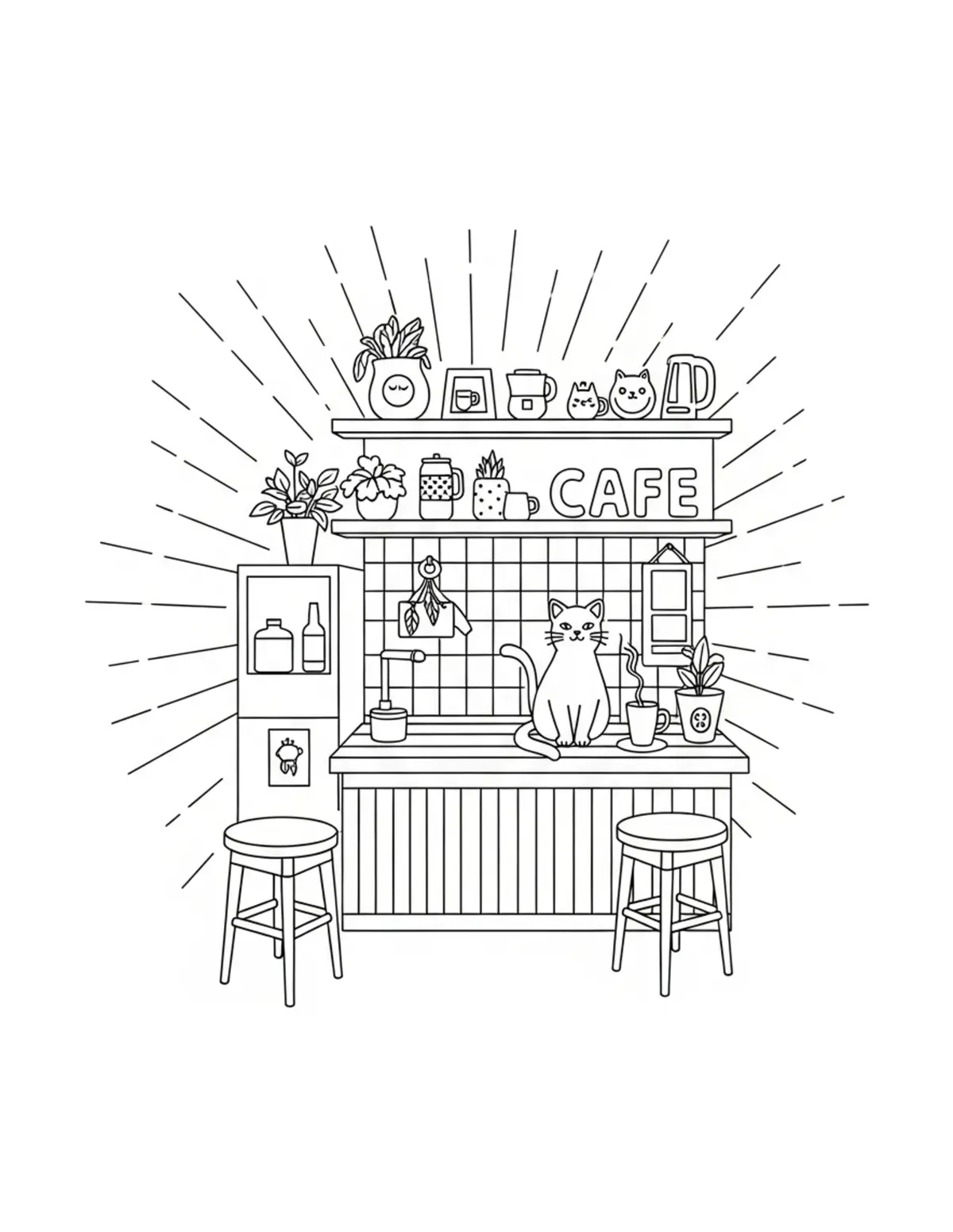 Free printable coloring page: cat-cafe-with-8-hidden-objects coloring page. Cute and cozy design for kids and adults to download and print.