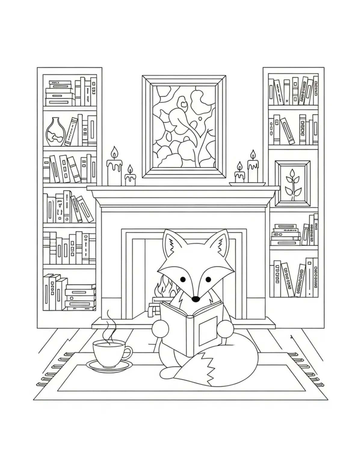 Free printable coloring page: cute fox reading beside firepl coloring page. Cute and cozy animal design for kids and adults to download and print.
